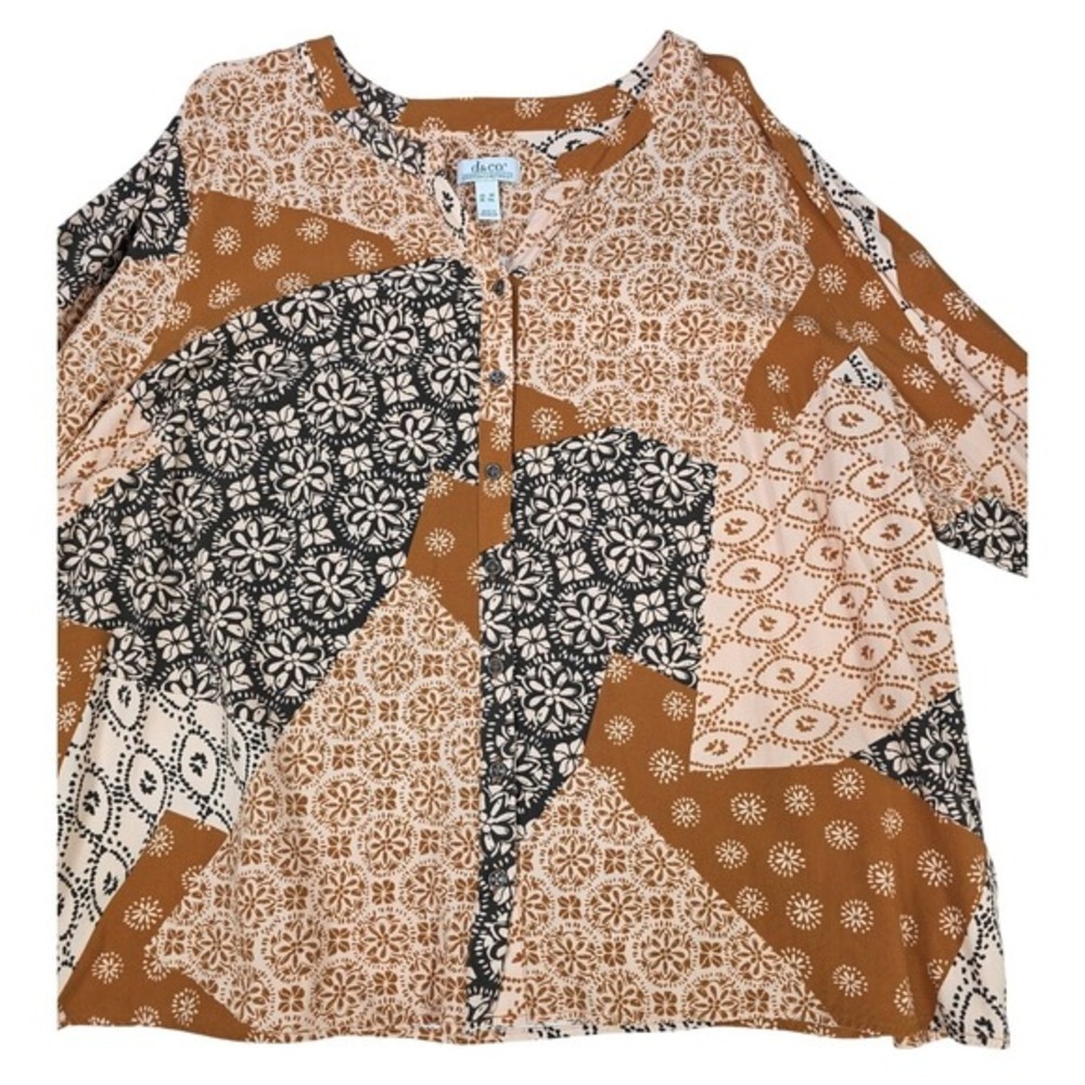 d&co Womens Floral Patchwork Blouse Lightweight Long Sleeve Blue Size 3X